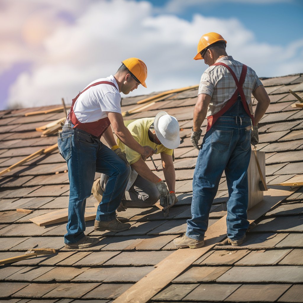 Roofers at work on a shingle roof